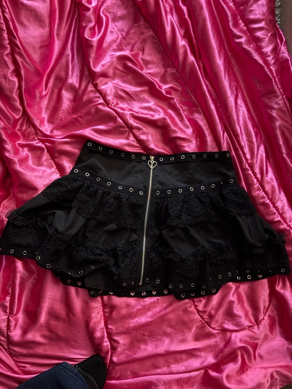 Goth y2k Black Ruffle Eyelet Mini Skirt with Front Zip from japan